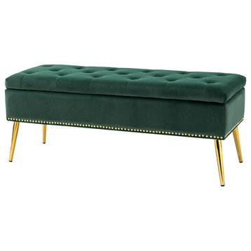 Button-tufted Storage Bench with Nailhead Trim, Green