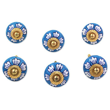 Blue Flowers, Set of 6 Ceramic Cabinet Knobs, India