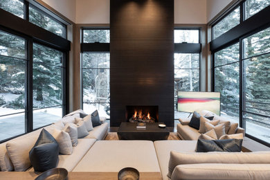 Mid-sized trendy open concept living room photo in Denver with a corner tv