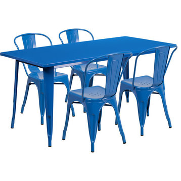 31.5"x63" Rectangular Blue Metal Indoor/Outdoor Table Set
