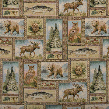 Bears Moose Trees Acorns and Fish Themed Tapestry Upholstery Fabric By The Yard