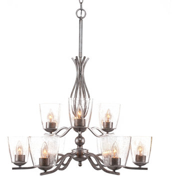 Revo 9 Light Chandelier Shown In Aged Silver Finish With 4.5" Clear Bubble Glass