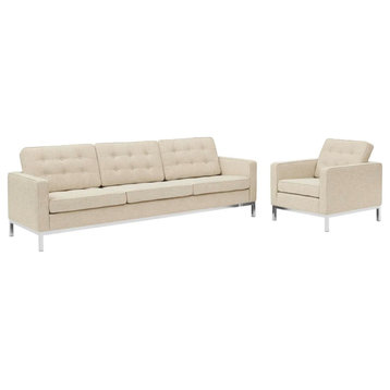 Fiona Beige 2 Piece Upholstered Fabric Sofa and Armchair Set