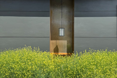 Example of a small minimalist brown two-story concrete fiberboard house exterior design in Seattle with a shed roof, a metal roof and a black roof