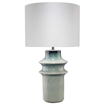 Contemporary Blue Green Reactive Ceramic Table Lamp Ribbed Cylinder Pastel Gloss