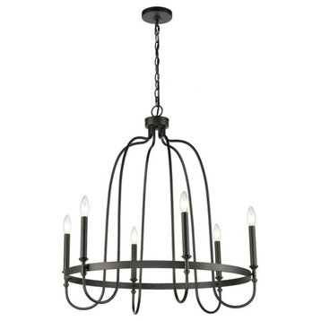 French Country Traditional Six Light Chandelier in Matte Black Finish