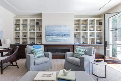 Mid-sized transitional open concept dark wood floor family room photo in San Francisco with beige walls, a ribbon fireplace and a stone fireplace