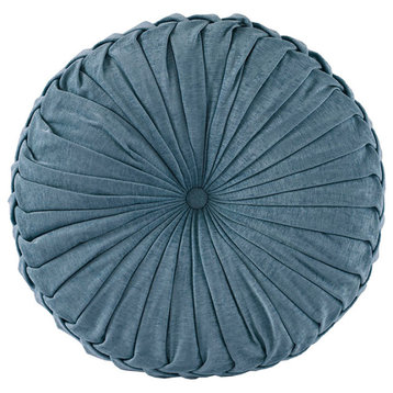 Pleated Poly Chenille Round Floor Pillow Seat Cushion, Aqua Blue