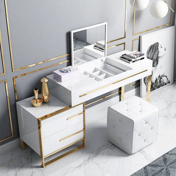 White Makeup Vanity with Flip Top Mirror & Side Cabinet and Drawers Gold Stainle