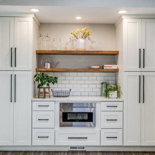 White Transitional Galley Kitchen and Outdoor Living Space