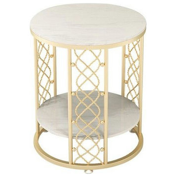 Marble Wrought Round Small Coffee Table, Gold-White, Dia15.7", 2 Layers