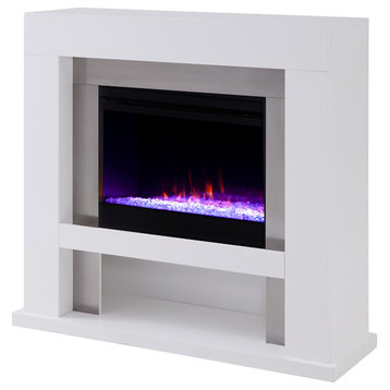 London Stainless Steel Fireplace with Color Changing Firebox, White and Silver
