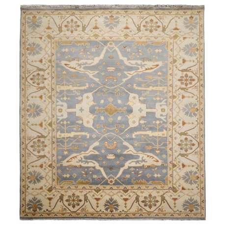 9'1''x11'10'' Hand Knotted Wool Oushak Oriental Area Rug, Blue, Beige