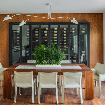 Mid-Century Dining Room with Wine Wall