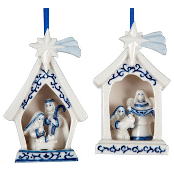 Kurt Adler Blue and White Holy Family Porcelain Holiday Ornaments Set of 2