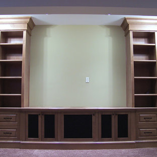 Inspiration for a mid-sized timeless open concept carpeted home theater remodel in Calgary with a projector screen