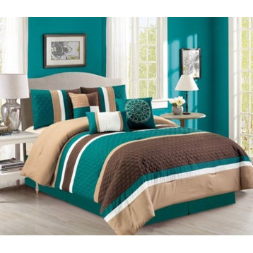 7p Pinsonic Quilted Trellis Striped Pleated Comforter Set, Teal, Full