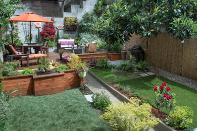 This is an example of a transitional backyard patio in San Francisco with no cover.