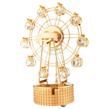 24K Gold Plated Music Box With Crystal Studded Ferris Wheel Figurine
