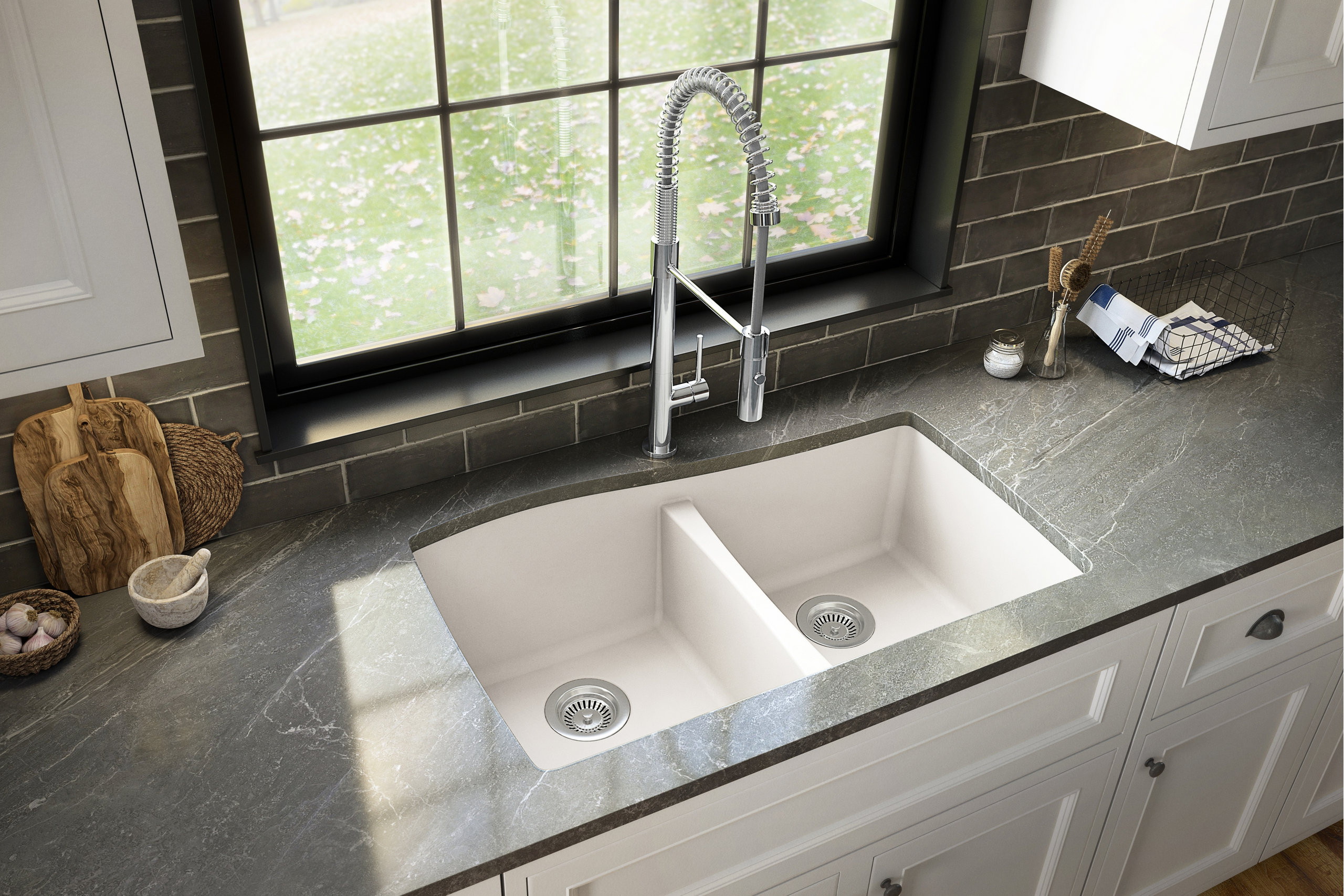Karran Undermount Quartz 33" 50/50 Double Bowl Kitchen Sink Kit, White