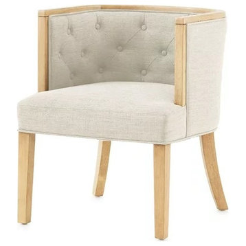 Retro Accent Chair, Oak Wood Frame and Curved Back With Button Tufting, Oat