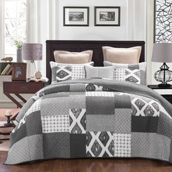 DaDa Bedding Classical Shades of Grey Reversible Cotton Real Patchwork Quilted B - Quilts And Quilt Sets