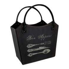 Vintage Silverware Print Faux Distressed Leather Storage Bag Basket 14 Inch