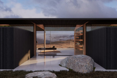 Imagen de puerta principal minimalista con paredes negras, suelo de cemento, puerta corredera y puerta de vidrio