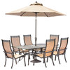 Manor 7-Piece Dining Set, 6 Dining Chairs, 72" Cast-top Table, 9' Umbrella