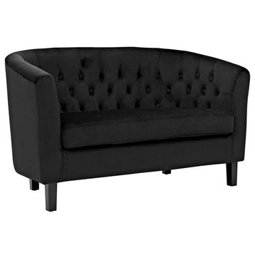 Contemporary Loveseat, Curved Backrest With Diamond Button Tufting, Black