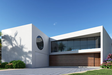Inspiration for a large modern white two-story stucco exterior home remodel in Miami with a mixed material roof