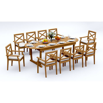 11-Piece Outdoor Teak Dining Set: 94" Masc Oval Table, 10 Grand Stacking Chairs