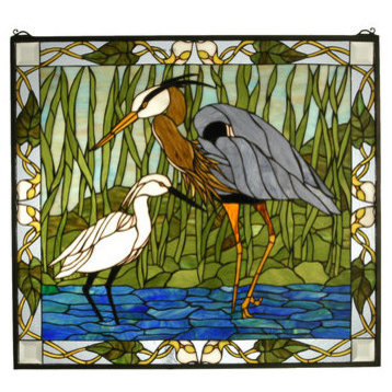 Meyda Tiffany 62955 30" W X 27" H Blue Heron & Snowy Egret Stained Glass Window