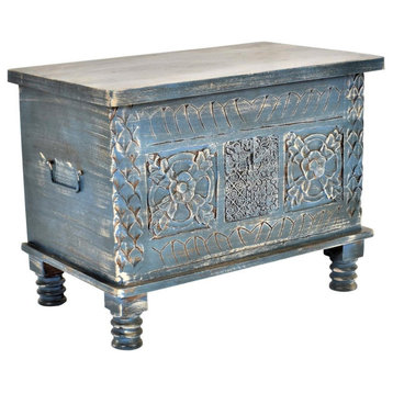 25x15 Distressed Blue Hand Carved Box Storage Trunk With Legs Nochi