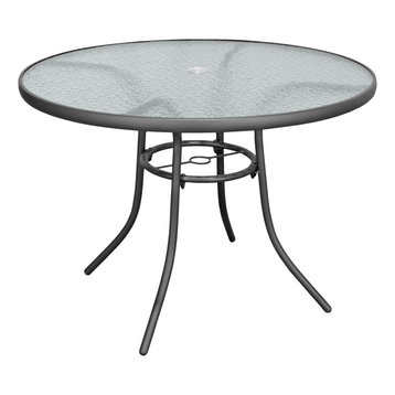 Rio Brands Sienna Metal Gray Round Patio Glass Top Table, 40-Inch