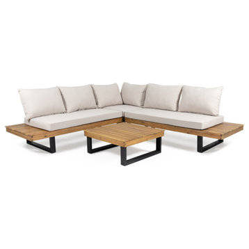 Avi Outdoor Acacia 5-Seater Sofa Sectional With Water-Resistant Cushions