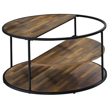 Contemporary Coffee Table, Metal Frame & 2 Shelves With Half Moon Shape, Black