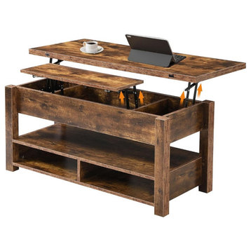 Multifunctional 3 In 1 Coffee Table, Extendable Lift Top & Shelves, Rustic Brown