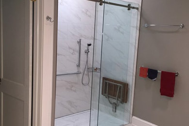 Bathroom - mid-sized transitional master gray tile, white tile and marble tile porcelain tile and gray floor bathroom idea in Atlanta with gray walls
