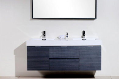Design ideas for a contemporary master bathroom in New York with flat-panel cabinets, blue cabinets, white walls, ceramic floors, a drop-in sink, marble benchtops and white floor.