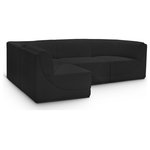 Meridian Furniture - Ollie Black Boucle Fabric L-Shaped Modular Sectional, Black, 4-Piece: 2 Armless Chair, 2 Corner Chair - Meet the epitome of style and functionality with this Ollie boucle fabric living room sectional, part of the Ollie modular collection. A contemporary marvel, this sectional features chic and inviting rich black boucle fabric upholstery, giving it a sumptuous texture that oozes elegance and luxury. Curved corners add to the visual look of the sectional while maximizing seating comfort while lounging, reading, or entertaining. Pair it with other items in the Ollie collection easily, thanks to an attachment latch underneath.