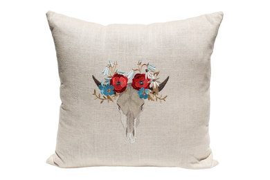 Cow Skull Longhorn with Flowers Pillow