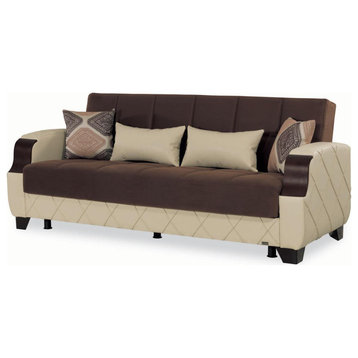 Sleeper Sofa, Diamond Stitched Leatherette Upholstery, Chenille Seat, Dark Brown