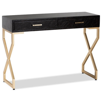 Carville Dark Brown Faux Leather Golded 2-Drawer Console Table