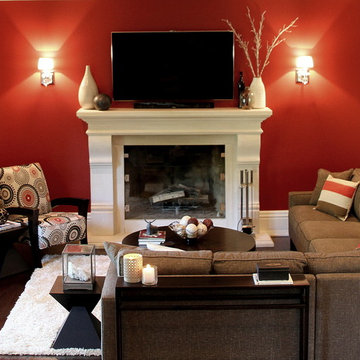 Contemporary Family Room with Red Accent Wall