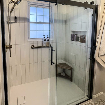 Bathroom Remodel with Custom Painted Vanity, Black and White Tiled Shower