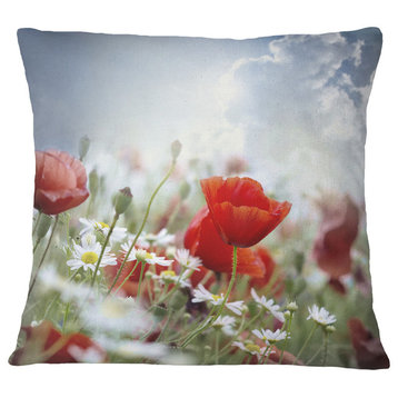 Red Poppies On Cloudy Background Floral Throw Pillow, 16"x16"