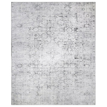 Transitional Area Rug, Distressed Border Medallion Pattern, Charcoal, 10' X 14'
