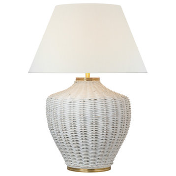 Evie Large Table Lamp in White Wicker with Linen Shade