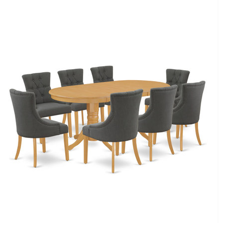 9-Piece Dining Set, Oval Table With 8-Chairs With Dark Gotham Gray Fabric, Oak